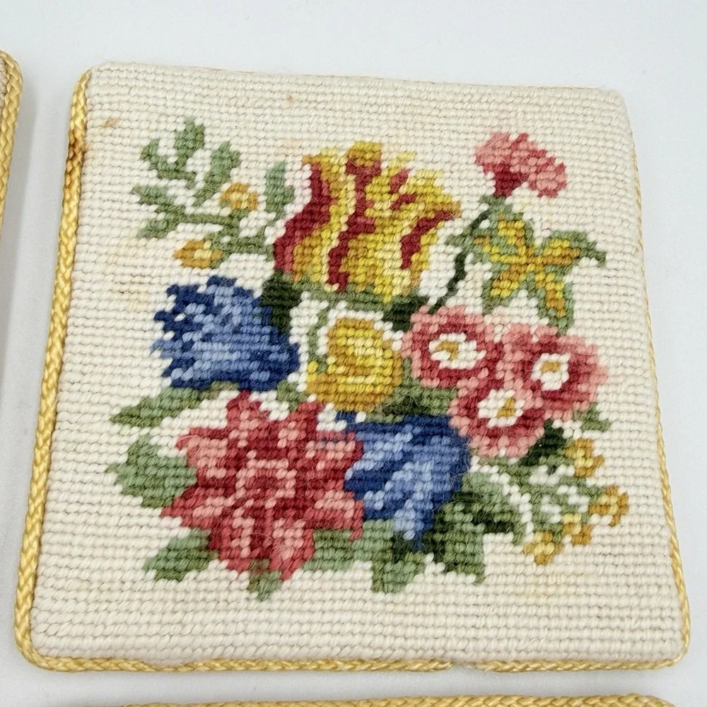 VTG Needlepoint Floral Coasters Set of 4 Handmade Needlepoint Square Drink Mats